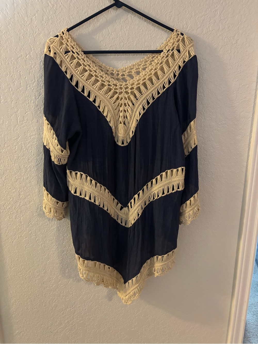 Boho Crochet Trim Tunic - Navy and Cream
